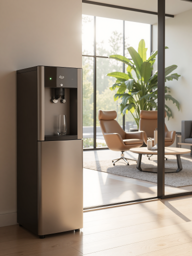 Large floor standing air cooler with ice chamber, silver finish, multiple fans, placed in living room with family visible in background